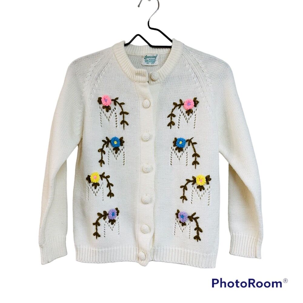 Vintage Lansing Flower Floral Cardigan Sweater Sz SM Cottagecore Ivory Folk Art
